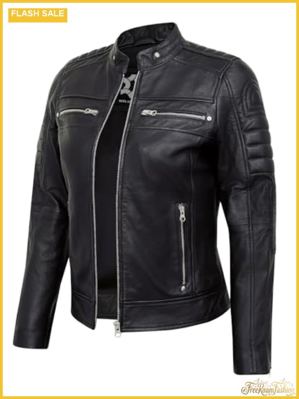 Real Lambskin Leather Jacket Cafe Racer Women's Moto Zip Pockets